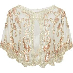 🆕 Women Cream Sequin Beaded Evening Cape Bridal Shawl Bolero Flapper Cover Up